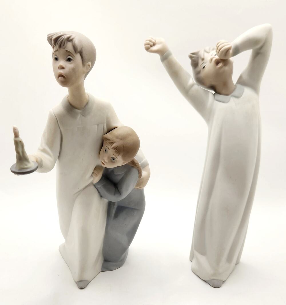 Vintage Lladro Porcelain Figurines Lot of 2 Yawning Boy & Children Candle Spain